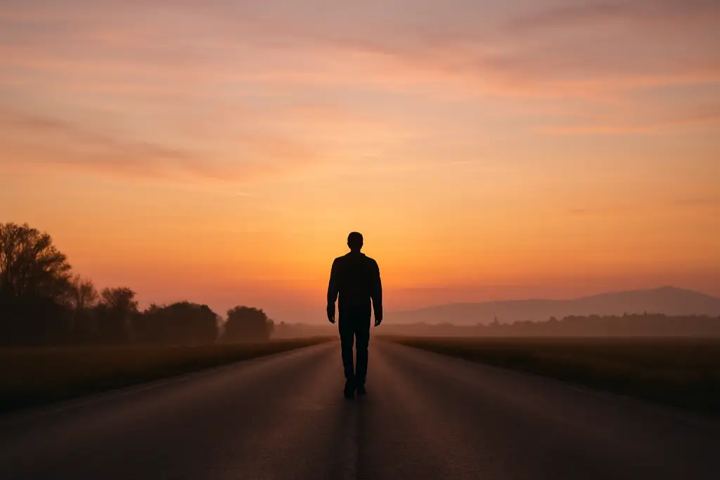 A person walks alone down an empty country road at sunrise, silhouetted against a glowing orange and pink sky, with distant trees and hills on the horizon.