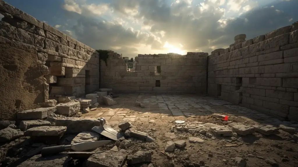 A partially rebuilt stone foundation with old crumbling sections beside newly restored bricks, illuminated by sunlight breaking through clouds, symbolizing hope and rebuilding.