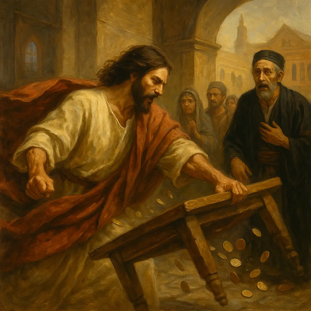 Jesus angrily flips a wooden table in the temple, scattering coins as shocked onlookers, including religious leaders and common people, watch in a golden-lit setting.