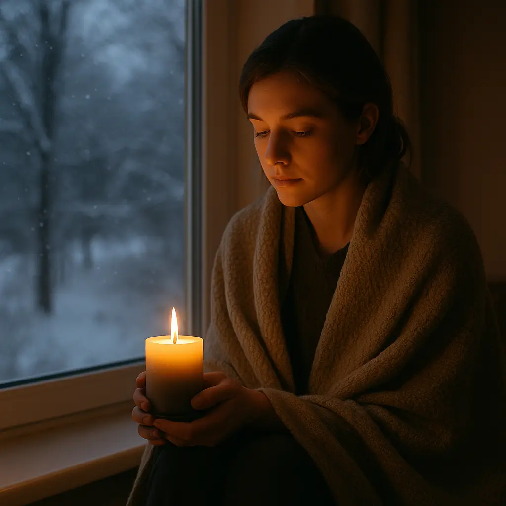 A person sits alone near a window on a snowy evening, holding a candle in quiet reflection, with soft indoor lighting and a peaceful, contemplative mood.