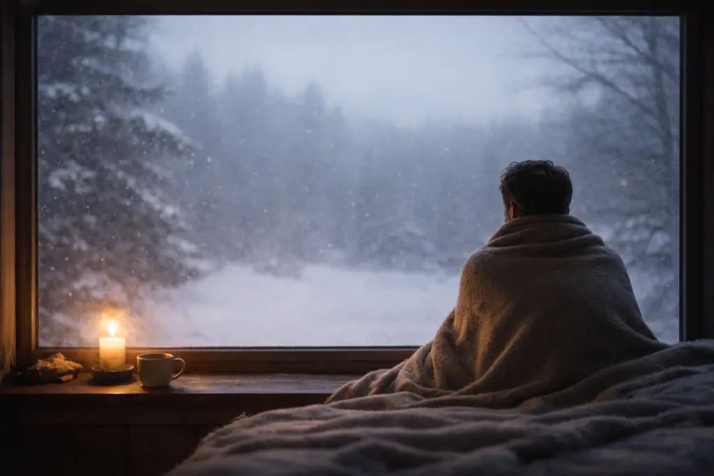 A person sits quietly by a large window on a snowy evening, wrapped in a blanket, with a single candle glowing beside them, reflecting in peaceful solitude.