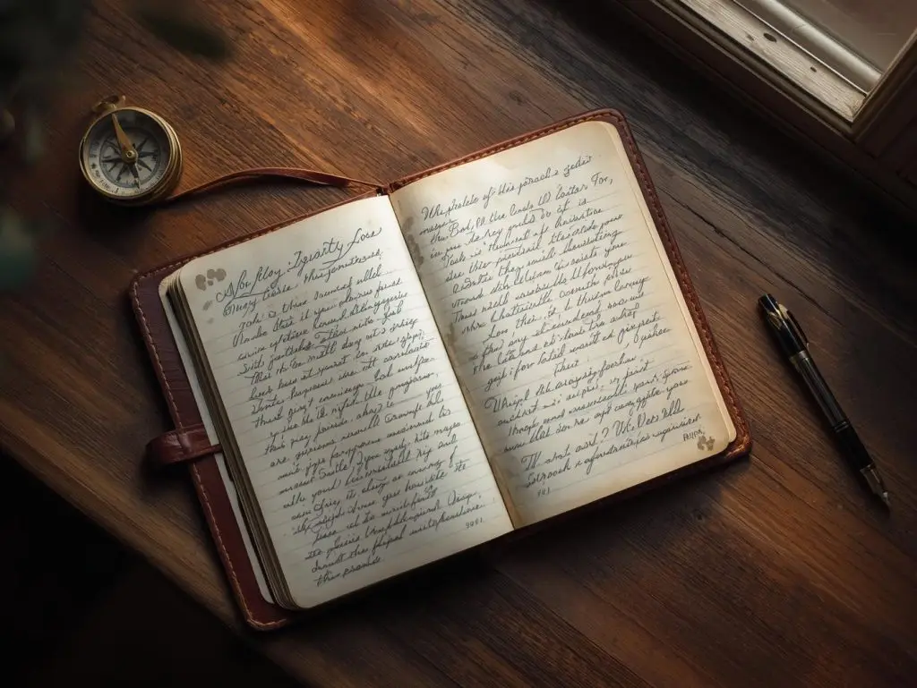 Open leather journal with handwritten field notes on wooden table, accompanied by compass and fountain pen in natural window light