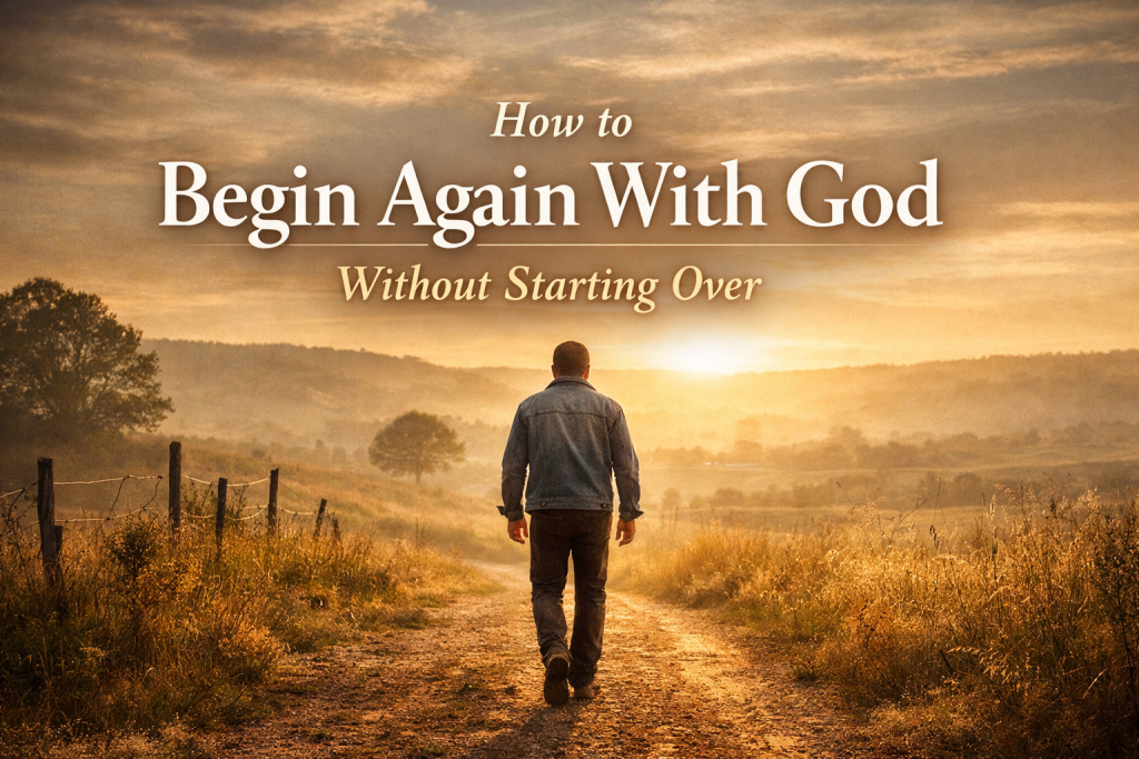 A man walking down a sunlit dirt path toward a glowing horizon, symbolizing beginning again with God without starting over.