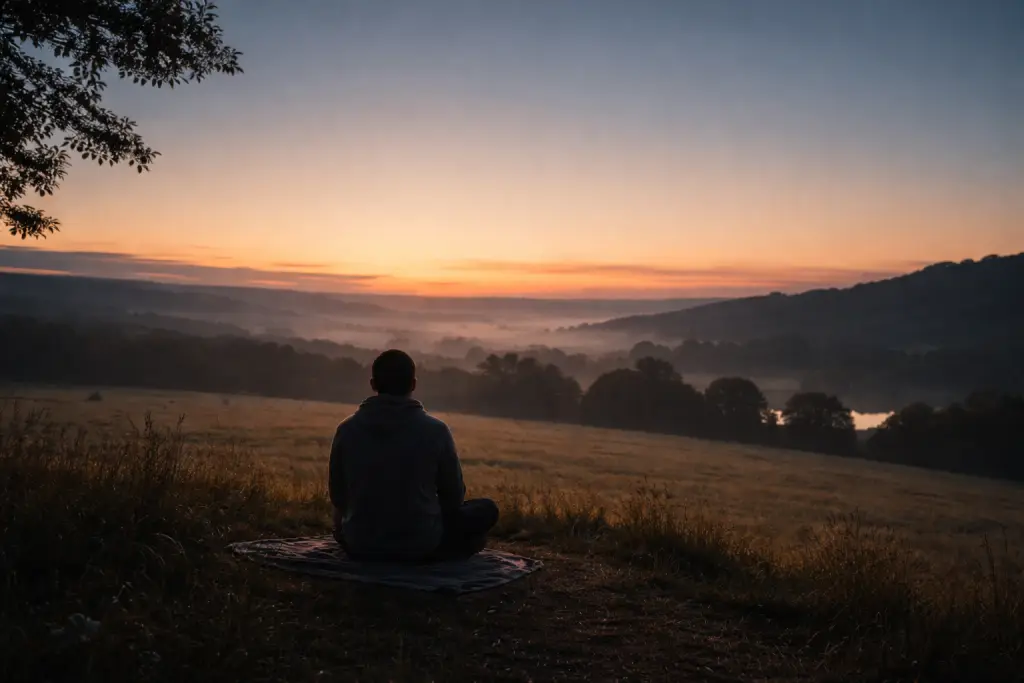 A lone person sits quietly on a grassy hill before sunrise, facing a wide horizon as soft golden light breaks through the darkness, with misty fields and distant hills creating a calm, spacious scene of stillness and reflection.