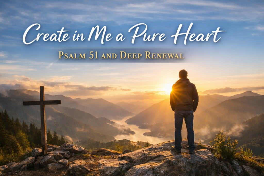 Psalm 51 and Deep Renewal - Simply Organic Faith Man standing on a mountain overlook at sunrise near a wooden cross, symbolizing surrender and renewal, with the words “Create in Me a Pure Heart – Psalm 51 and Deep Renewal” overlaid.