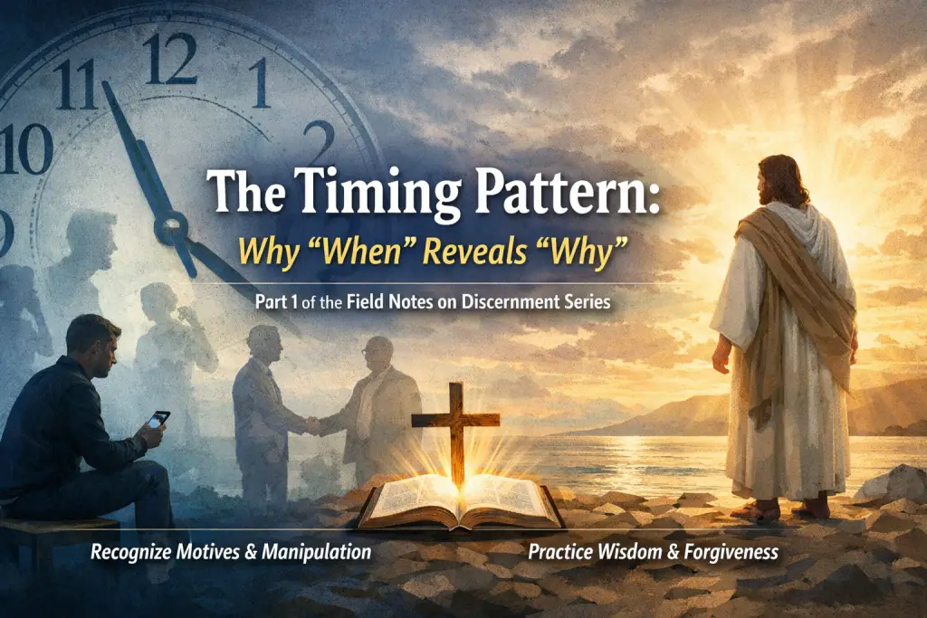 Symbolic wide-angle image of discernment and timing, with a man reflecting on past relationships under a clock on one side and Jesus at sunrise on the other, representing wisdom, forgiveness, and spiritual clarity.