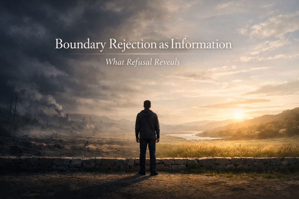 A lone figure stands calmly at a low stone wall dividing two landscapes—dark, stormy chaos on the left and warm, peaceful sunlight on the right—beneath the text “Boundary Rejection as Information” and “What Refusal Reveals.”