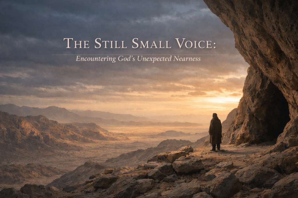 Encountering Gods Unexpected Nearness - Simply Organic Faith Wide desert mountain landscape at dawn with a solitary figure near a cave, symbolizing Elijah in 1 Kings 19 encountering God’s still small voice.