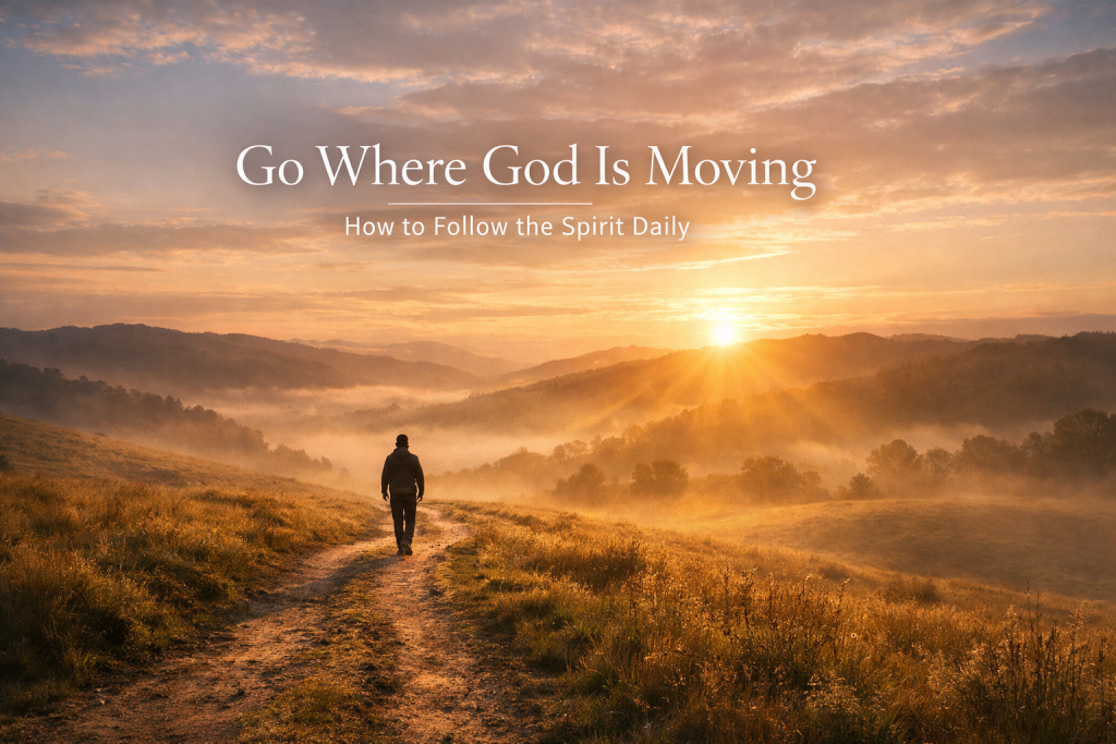 Go Where God is Moving - Simply Organic Faith A wide-angle sunrise landscape with soft golden light over rolling misty hills. A lone person walks calmly along a winding dirt path toward the horizon. Overlay text reads “Go Where God Is Moving” with the subtitle “How to Follow the Spirit Daily.”