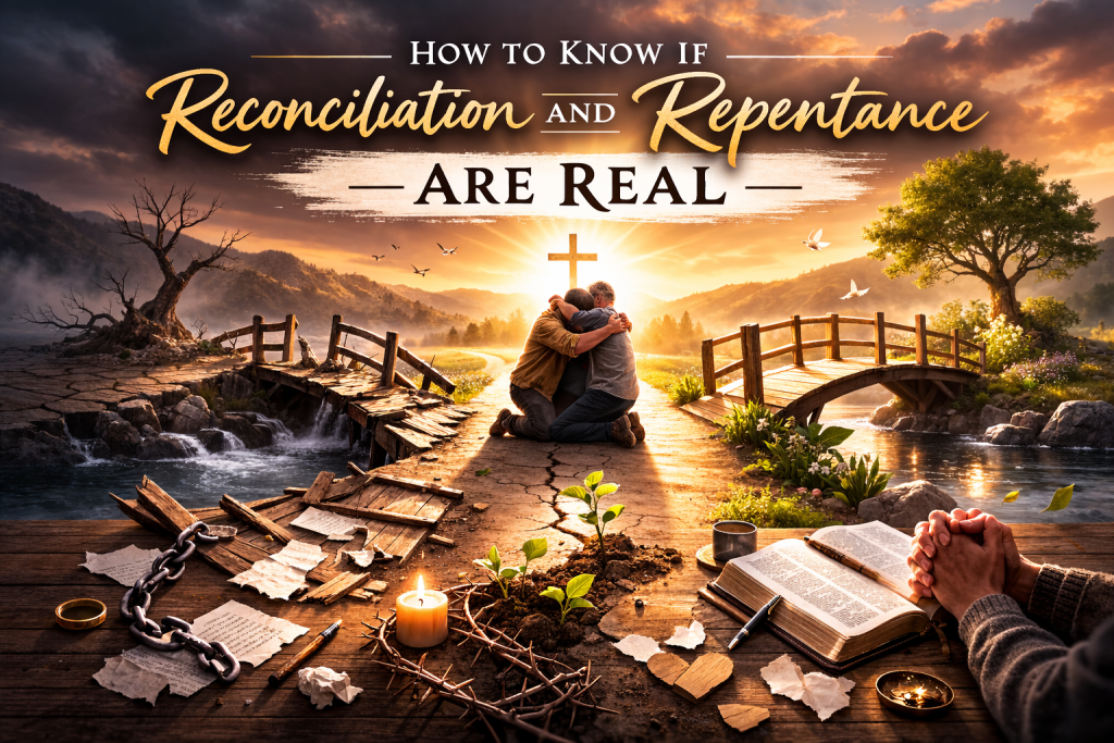 How to Know If Reconciliation and Repentance Are Real - Simply Organic Faith Wide cinematic banner showing a dramatic contrast between brokenness and restoration: on the left, cracked earth, storm clouds, and heavy chains; on the right, a sunlit green landscape with a cross, flowing water, flowers, and an open Bible. In the center, a man and woman stand on a small bridge, holding the two halves of a broken heart coming back together, with the title “How to Know If Reconciliation and Repentance Are Real” layered across the top.