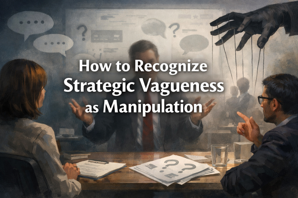How to Recognize Strategic Vagueness as Manipulation - Simply Organic Faith A wide-angle illustration of a tense business meeting where a shadowy figure manipulates the scene with puppet strings, surrounded by question marks and speech bubbles, with the overlaid title text: “How to Recognize Strategic Vagueness as Manipulation.”