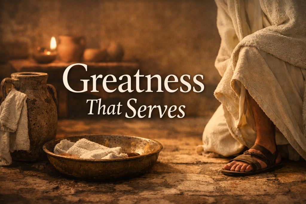 Greatness That Serves - Simply Organic Faith “Featured image for a Mark 10:42–45 Bible teaching titled ‘Greatness That Serves,’ showing a basin, towel, and clay jar for washing feet beside a kneeling figure in biblical robes, representing Jesus’ teaching that true greatness comes through serving others.”