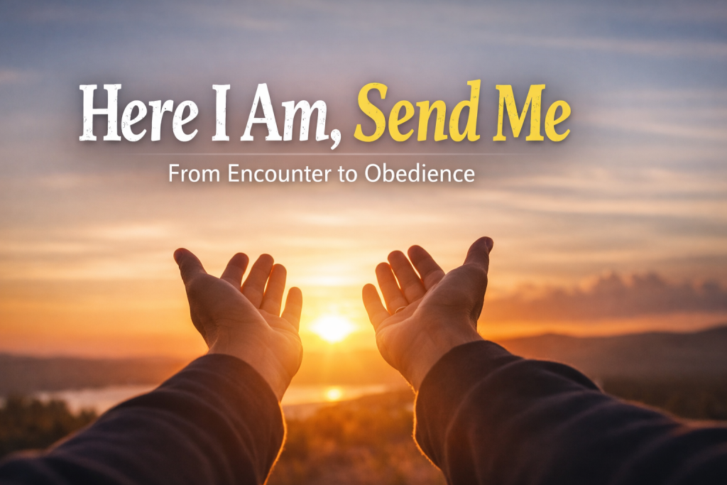 Hands raised toward a glowing sunset over a wide landscape with the title “Here I Am, Send Me: From Encounter to Obedience” overlaid in large text
