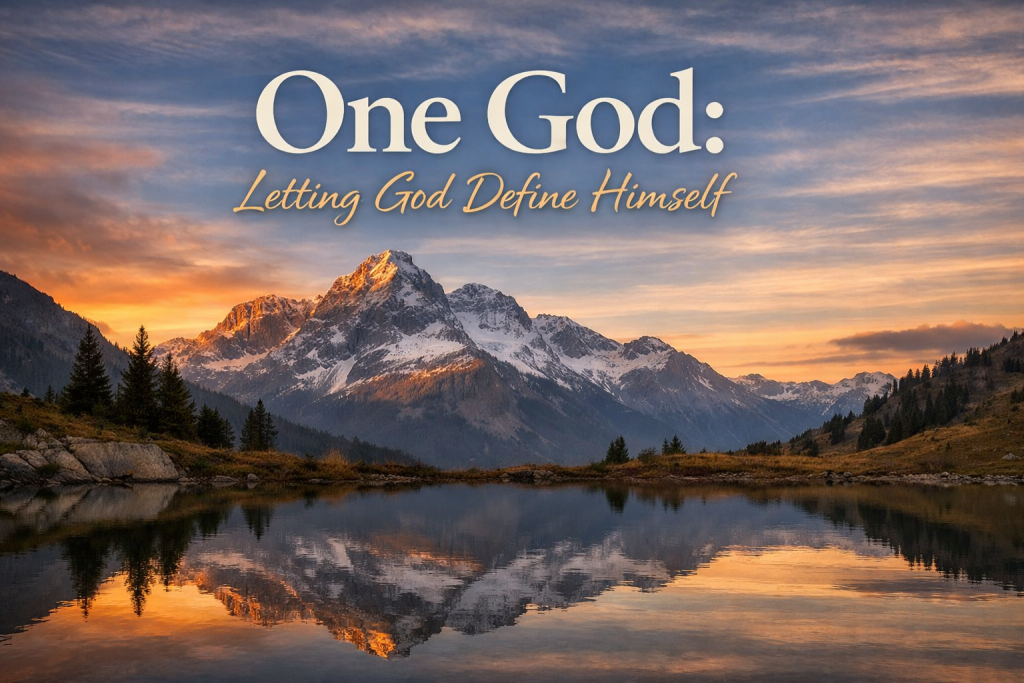 One God Letting God Define Himself - Simply Organic Faith Wide-angle mountain landscape at sunrise reflected on a calm lake with the title “One God: Letting God Define Himself” overlaid in elegant typography