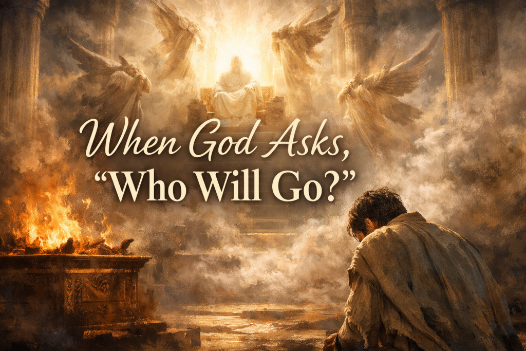 When God Asks Who Will Go - Simply Organic Faith Illustration of the prophet Isaiah kneeling in humility inside a temple as radiant light surrounds a divine throne above a staircase, with seraphim flying around the throne and smoke and fire filling the scene; overlaid text reads, “When God Asks, ‘Who Will Go?’”.