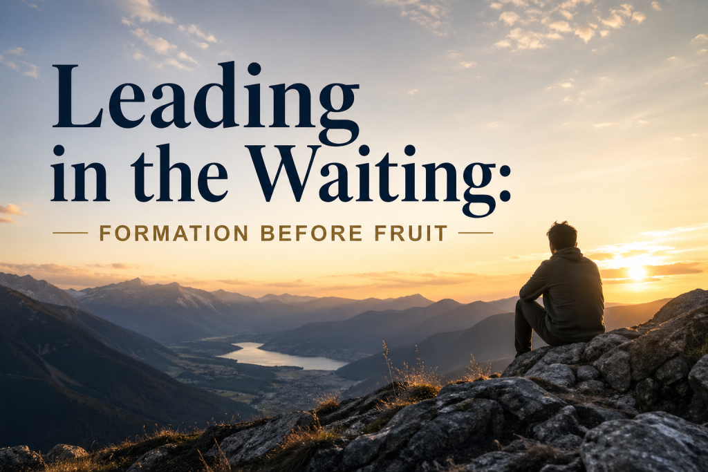 Leading in the Waiting - Simply Organic Faith A leader sitting on a mountain overlook at sunrise, reflecting in a waiting season, with the title “Leading in the Waiting: Formation Before Fruit” layered over the image.