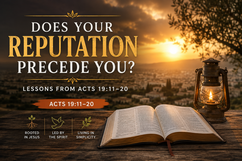Does Your Reputation Precede You - Simply Organic Faith Open Bible with sunset background, lantern, and text "Does Your Reputation Precede You? Lessons from Acts 19:11–20," emphasizing themes of faith, simplicity, and spiritual authority.