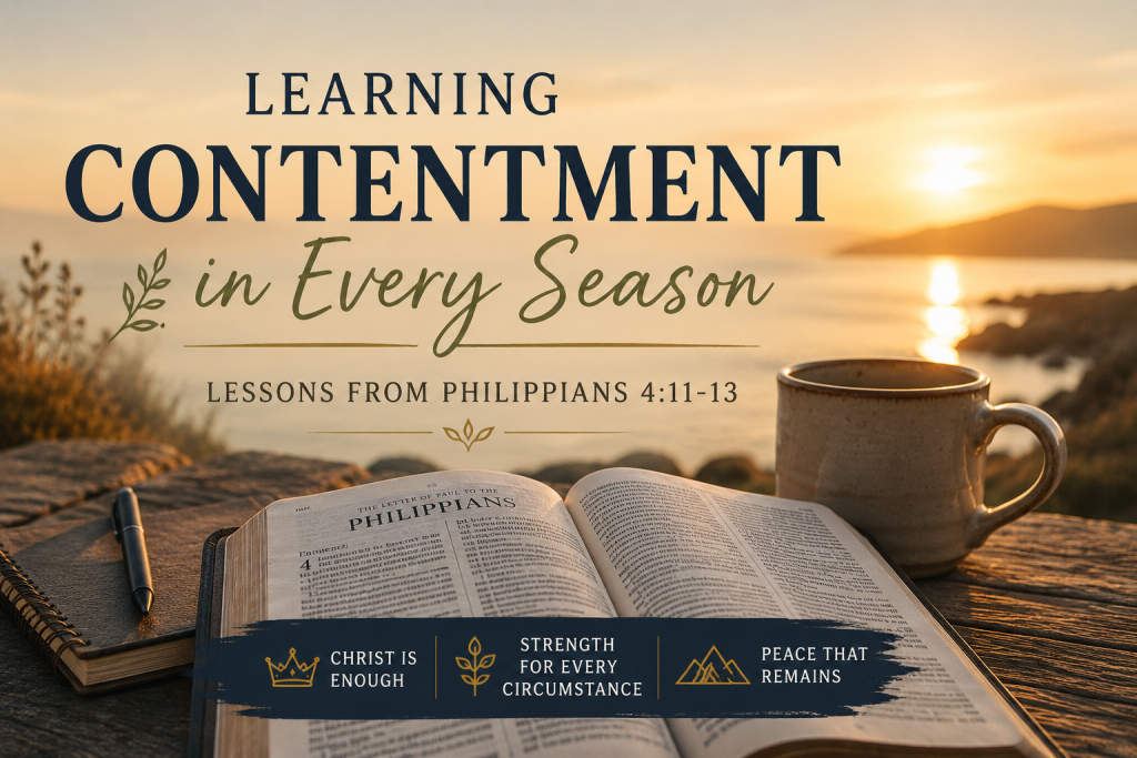 Learning Contentment in Every Season - Simply Organic Faith Learning contentment in every season with open Bible and coffee cup, emphasizing lessons from Philippians 4:11-13 about peace, strength, and abiding in Christ.