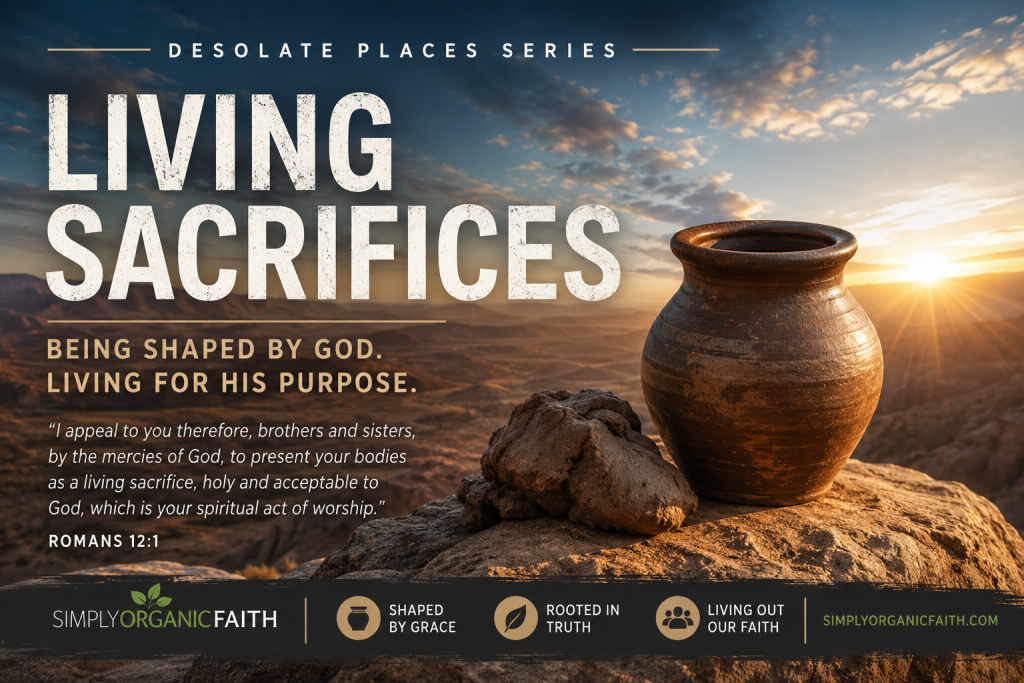 Living Sacrifices - Simply Organic Faith - Simply Organic Faith Poster for the Desolate Places Series titled "Living Sacrifices" with a large clay pot on rocky ground at sunrise in a desert, and Romans 12:1 text.