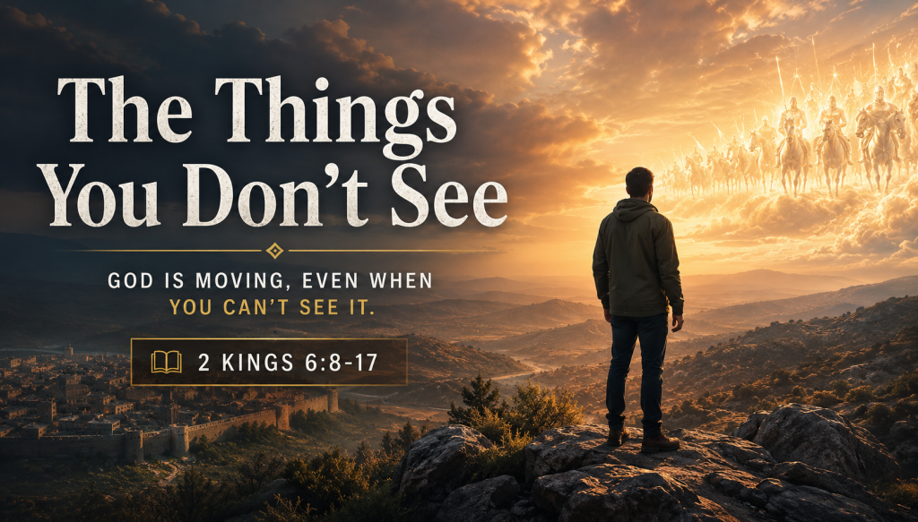The Things You Dont See - Simply Organic Faith The Things You Don’t See — a man stands on a rocky overlook at sunrise, looking toward glowing heavenly horses and chariots above a valley, illustrating God’s unseen presence from 2 Kings 6:8-17.