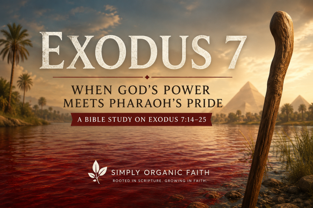 Exodus 7 - Simply Organic Faith Exodus 7 Bible teaching graphic showing the Nile turned to blood at sunset, with pyramids, palm trees, and Moses’ staff, titled “When God’s Power Meets Pharaoh’s Pride.”