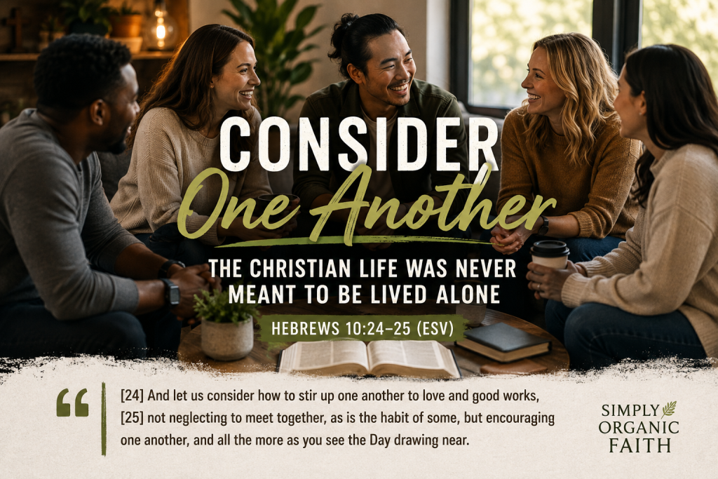 Consider One Another - Simply Organic Faith A diverse group of Christians gathered in warm conversation around an open Bible, with the text “Consider One Another,” “The Christian Life Was Never Meant to Be Lived Alone,” and “Hebrews 10:24–25 (ESV).”