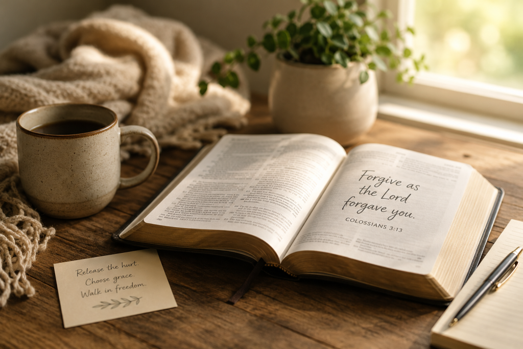 Forgiveness in Relationships - Simply Organic Faith Open Bible on a rustic wooden table beside a coffee mug, notebook, and plant in warm natural light, featuring Colossians 3:13: “Forgive as the Lord forgave you.”