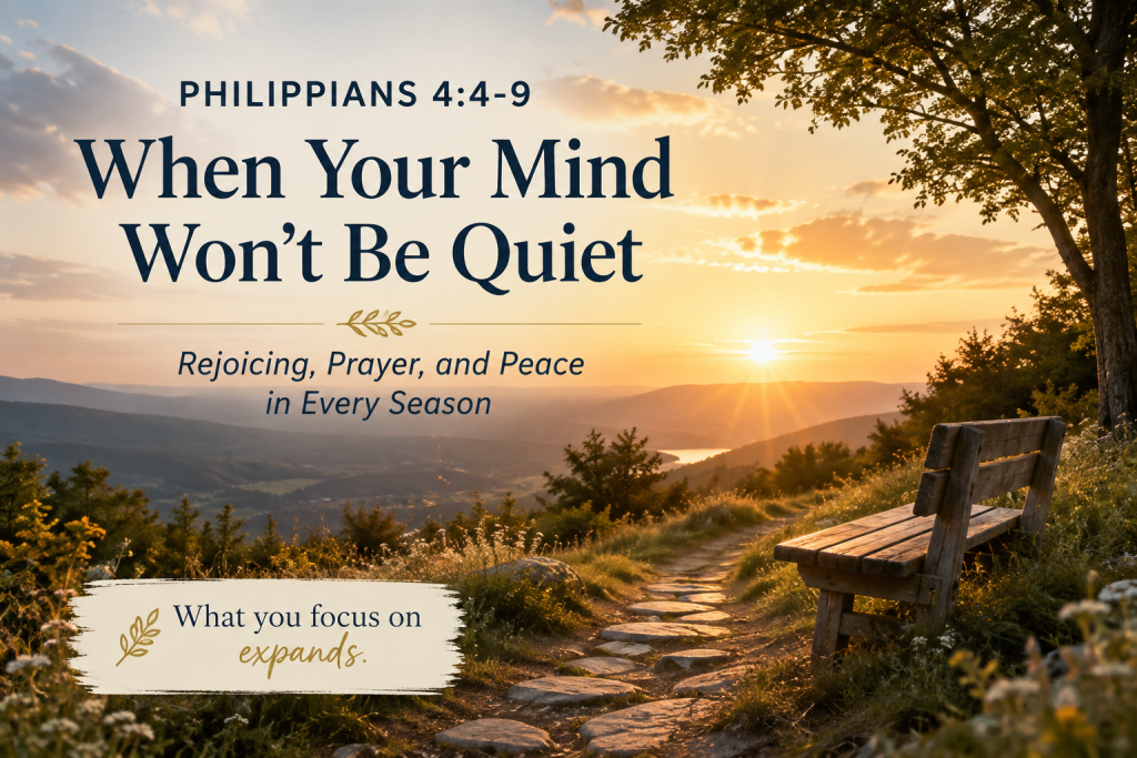 When Your Mind Won't Be Quiet | Philippians 4:4-9 - Simply Organic Faith Serene sunrise over a mountain valley with a winding stone path and wooden bench, featuring the text “Philippians 4:4–9: When Your Mind Won’t Be Quiet” and the phrase “What you focus on expands.”