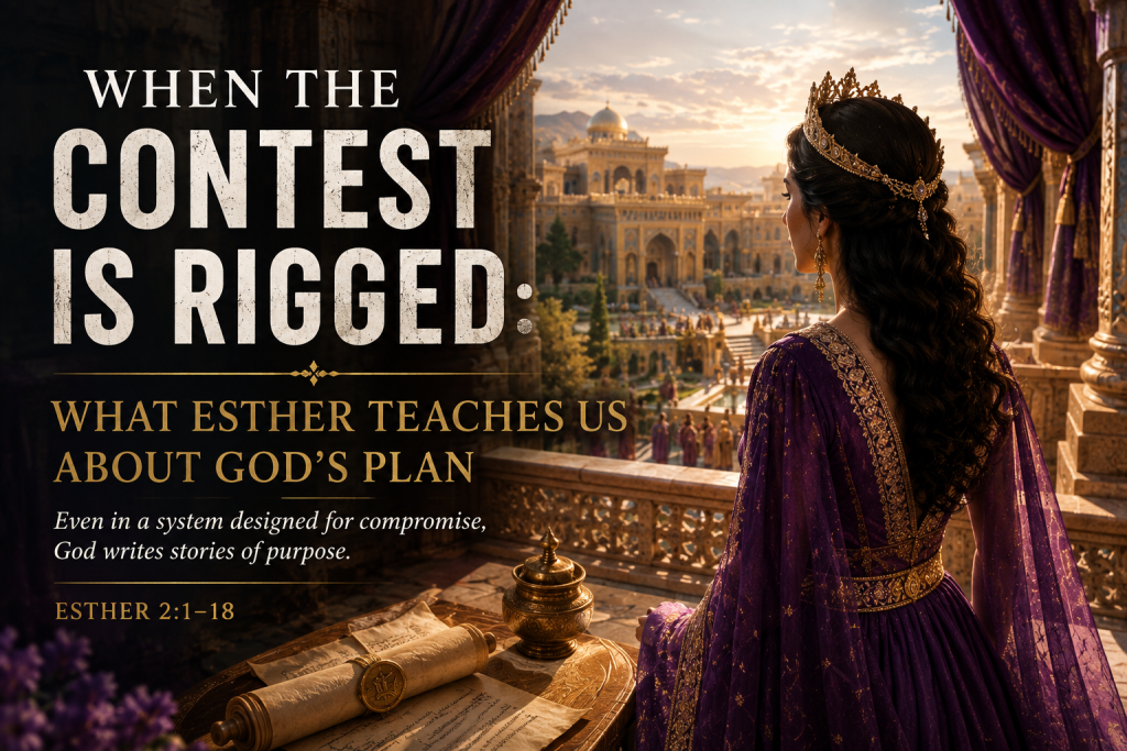 When the Contest is Rigged - Simply Organic Faith - Simply Organic Faith Esther standing in a shadowed Persian palace as golden light breaks through, with the title “When the Contest Is Rigged: Trusting God with Favor, Timing, and Promotion.”