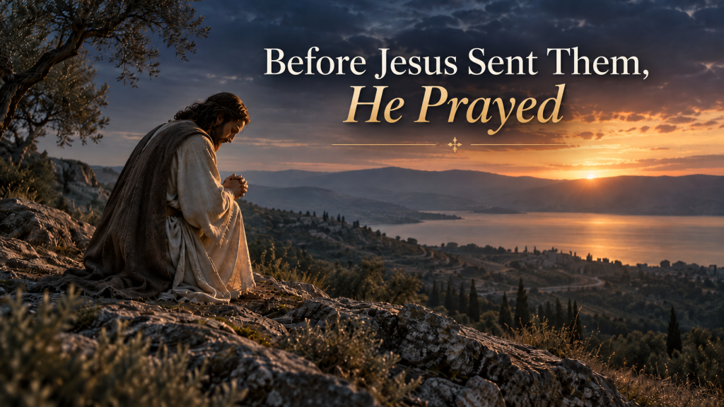 Before Jesus Sent Them He Prayed - Simply Organic Faith Jesus kneeling in prayer on a rocky mountainside at sunrise, overlooking the Sea of Galilee, with the title “Before Jesus Sent Them, He Prayed” over the sky.